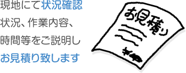 現地にて状況確認,状況、作業内容、時間等をご説明しお見積り致します