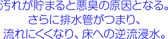 汚れが貯まると悪臭の原因となる。さらに排水管がつまり、流れにくくなり、床への逆流浸水。